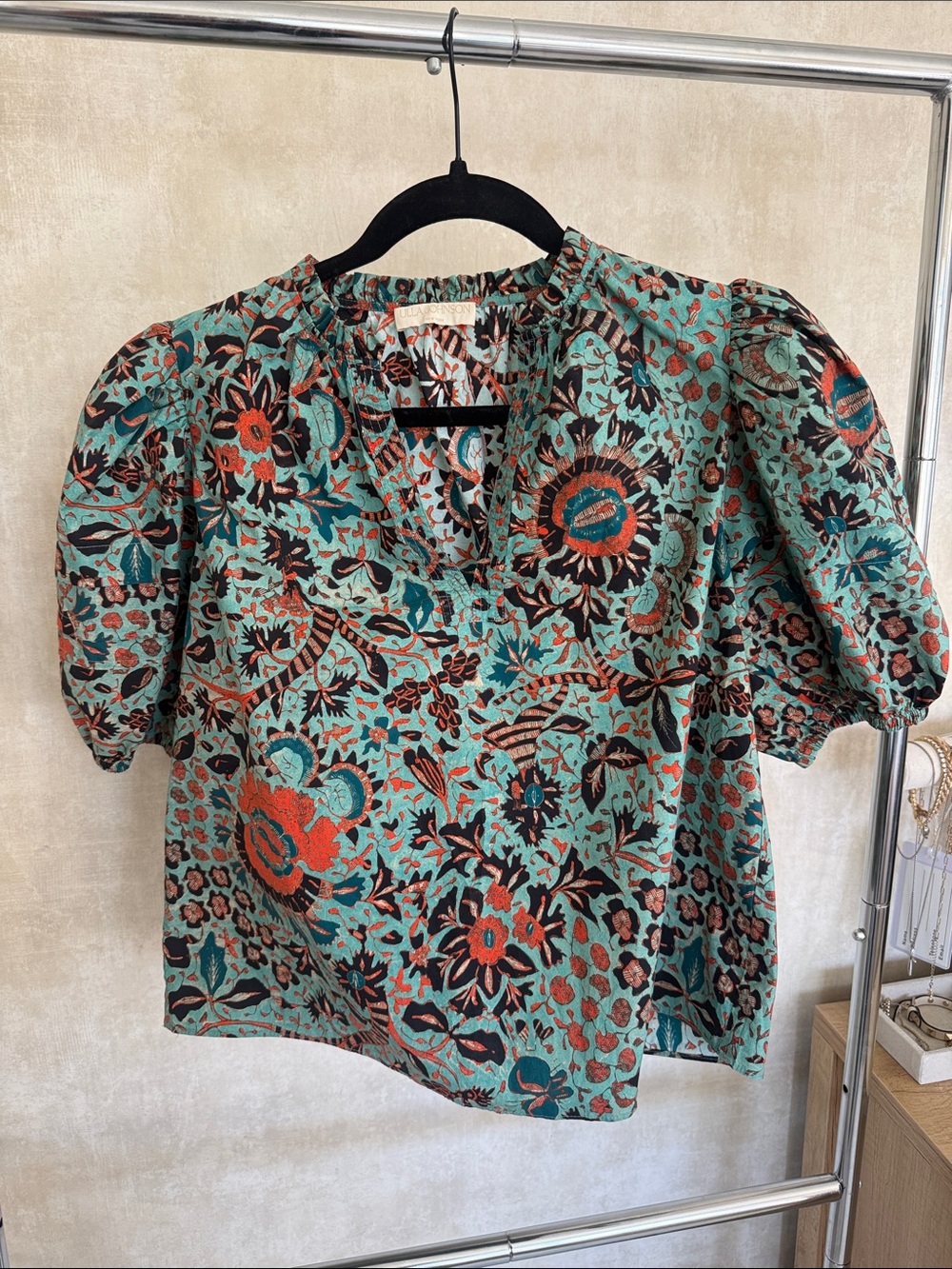 Ulla Johnson Teal Floral Puff-Sleeve Blouse with Coral and Black Motifs